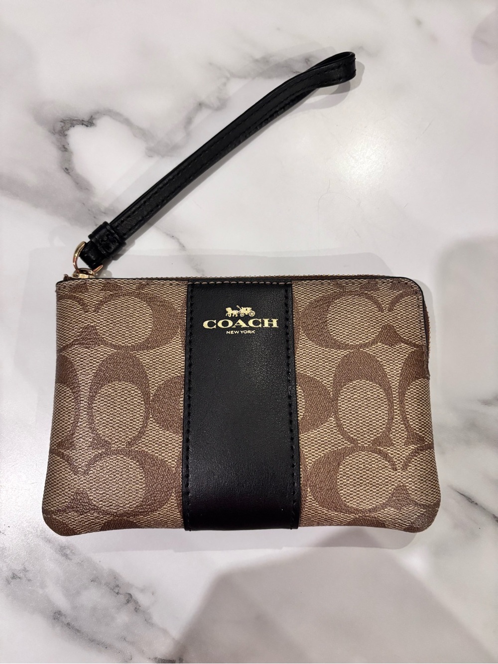 Coach Brown Signature Canvas Wristlet with Black Stripe
